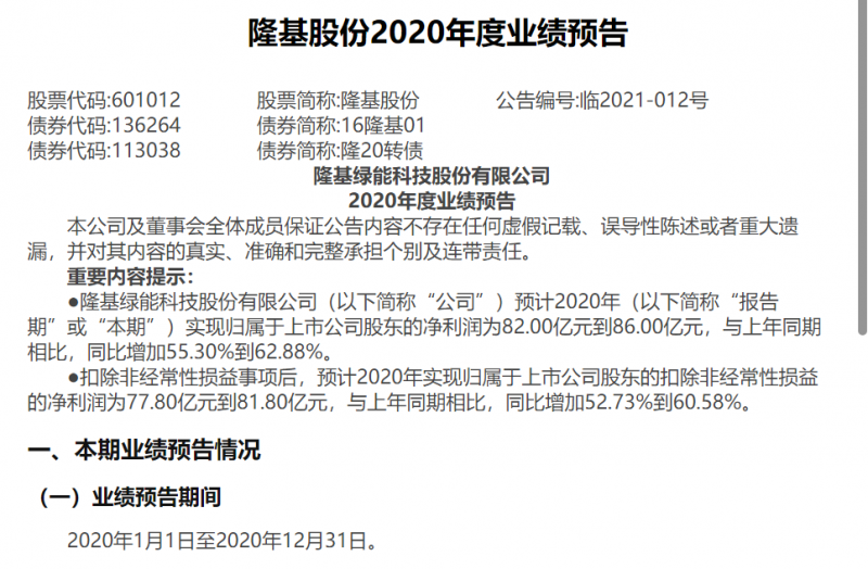 隆基股份:預(yù)計2020年度凈利潤為82-86億元,同比增加55.30%到62.88%