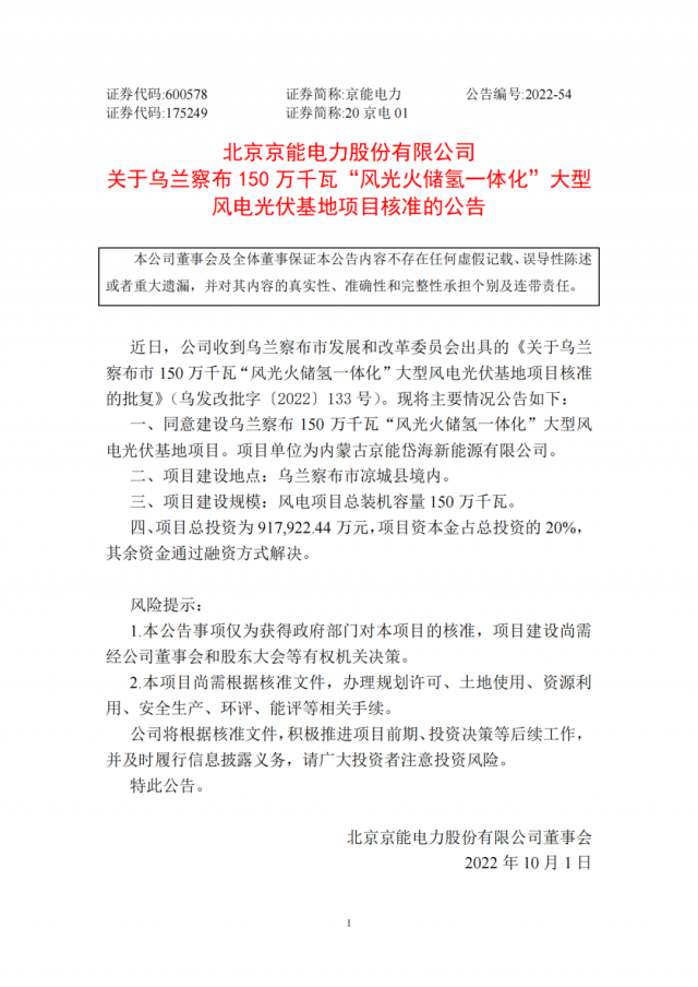 京能電力150萬(wàn)千瓦“風(fēng)光火儲(chǔ)氫”基地獲批！
