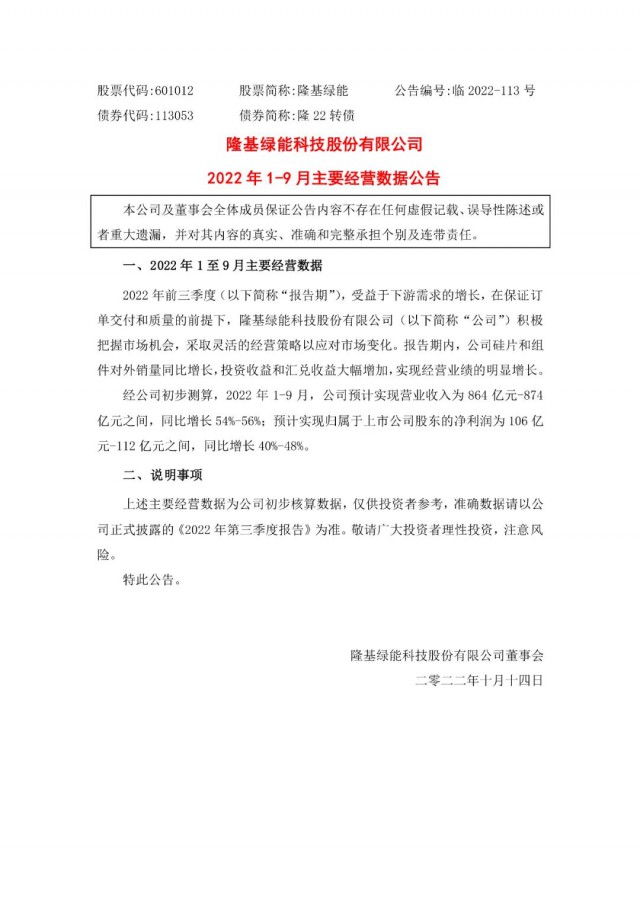 隆基綠能：營收或超864億，預(yù)計前三季凈利或在106億元-112億元之間