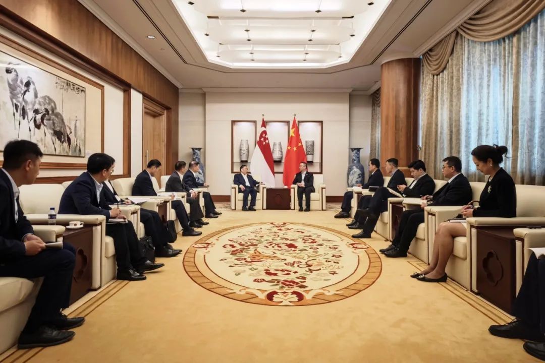 中國(guó)能建黨委書記、董事長(zhǎng)宋海良與中國(guó)駐新加坡大使館臨時(shí)代辦朱憬會(huì)談